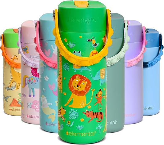 Elemental Insulated Kids Water Bottle, Stainless Steel Water Bottle with Straw Lid & Pop-It Handle, Leak-Proof Water Bottles for School, Boys or Girls, Travelling and Sports, 18oz - Green Jungle