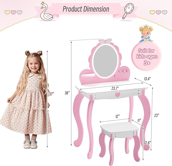 MU Kids Vanity Set with Lighted Mirror and Stool, Kids Makeup Vanity Desk with Storage Space, Bow Pattern for Little Girls, Toddler Princess Makeup Dressing Table with Chair Set, Pink