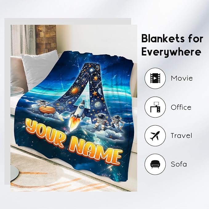 Boys Blanket - Personalized Planet Gifts with Name for Kids - Custom Monogram Blanket for Son Daughter - Warm Fuzzy Flannel Throws - 4 Sizes for Toddler/Children/Teens/Adults