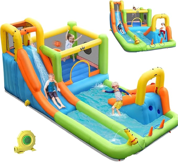 BOUNTECH Inflatable Water Slide, 8-in-1 Dual Slides Kids Water Park Jump Castle, Water Slides Inflatables for Outdoor with Splash Pool, Big Kids Backyard Party Water Slide Bounce House with Blower