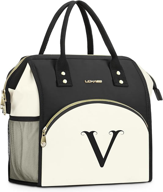 Personalized Lunch Box for Women, Initial Reusable Insulated Lunch Bag, Wide-Open Adult Lunchbox Cooler Lunchbag, Leakproof Lunch Tote for Picnic Work Outdoors, Christmas Gift for Women, V