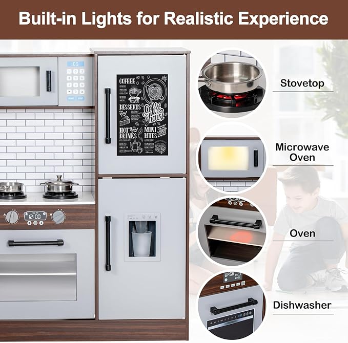 Corner Play Kitchen for Kids, Wooden Toddler Kitchen Playset w/Faucet, Sink, Microwave, Oven, Apron, Blackboard, Storage Cabinets, Pretend Cooking Toys w/Sound & Light Gift for Ages 3+