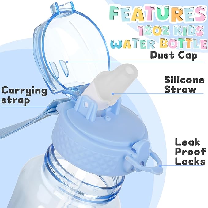 OLDLEY 12oz Kids Motivational Water Bottle With Silicone Straw, Leak-Proof Tritan BPA-Free, Reusable for School Girls & Boys, Baby Blue