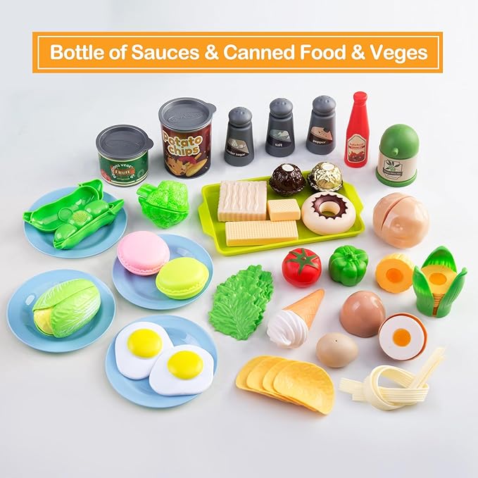 150Pcs Kitchen Playset, Toddlers Pretend Cooking Cookware Accessories, Food, Picnic Blanket, Fruits, Veges, 2Pack Shopping Storage Basket, Dessert and Prop Money, Gift for Kids (Blue)