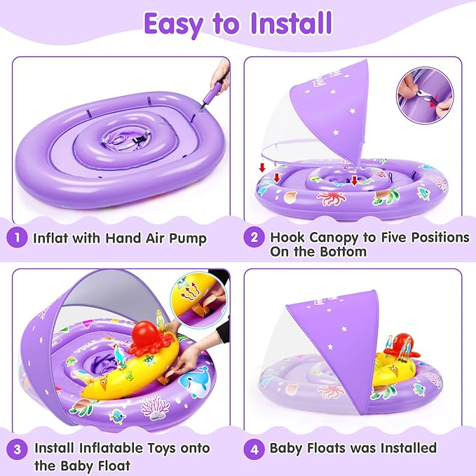 EZIGO Baby Pool Float with Canopy UPF 50+ Sun Protection, Double Air Chambers Infants Swimming Floats with Sound Toys Adjustable Safety Seat Toddler Float for Boys and Girls 6-36 Months