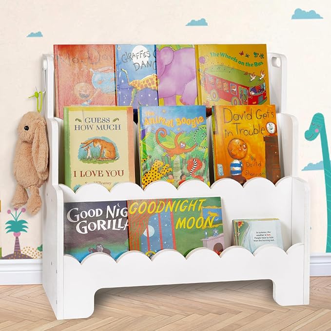 Kids Bookshelf Wooden 3-Tier, Scalloped Book Shelf for Kids Rooms, Front Facing Toddler Montessori Bookshelf, Baby Nursery Book Shelves Kids Classroom Bookshelf Bookcase