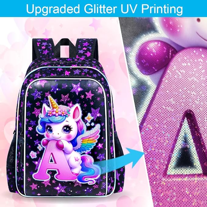 CCJPX 3Pcs Unicorn Backpack, 16” Girls Bookbag with Lunch Box, Kids Water Resistant Elementary School Bag for Kindergarten Preschool Toddler (Black)