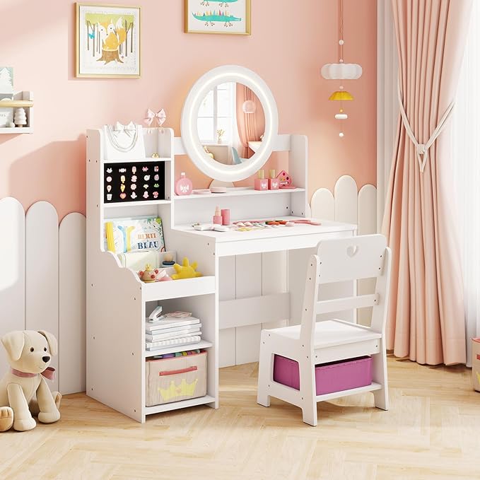 HONEY JOY Kids Vanity with Lights, Wooden Princess Makeup Dressing Vanity Desk with Jewelry Storage, Open Shelves, 2 in 1 Toddler Vanity Table & Chair Set with Lighted Mirror for Little Girls(White)