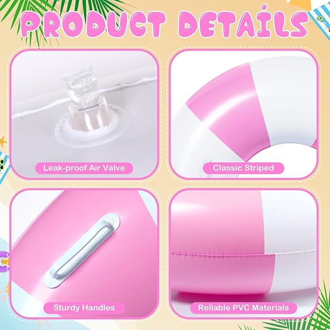 3 Pcs Large Swim Ring with Handles Set 47.24" 39.37" 35.43" Inflatable Pool Inner Tube Classic Striped Pool Ring Floats for Adults Teens Summer Lounger Beach Party Supplies