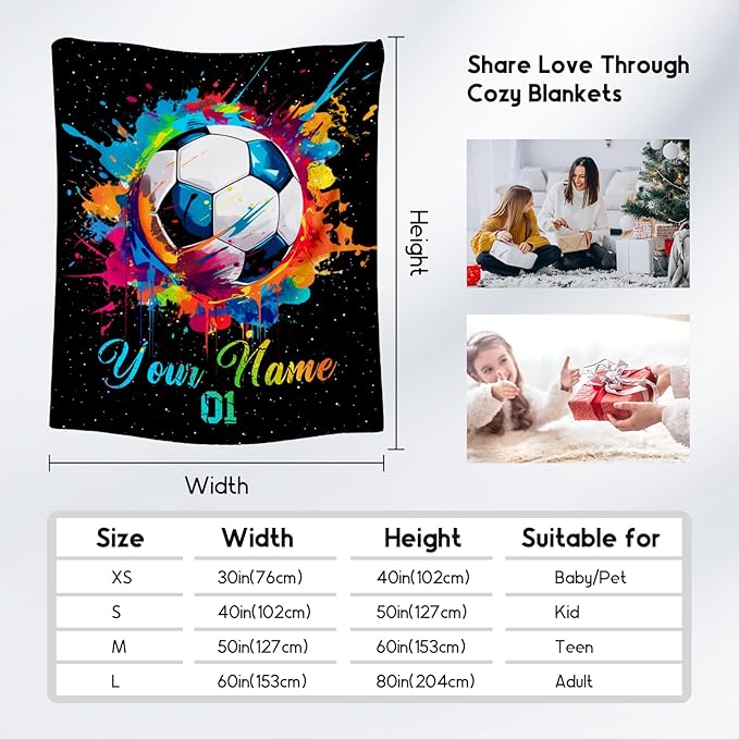 Personalized Soccer Gifts for Boys, Custom Soccer Blanket Gift for Sport Lovers, Flannel Throw Blankets for Kids Girls Teens, Sports Decorations for Room Team Player (Colorful, 50x60 Inch)