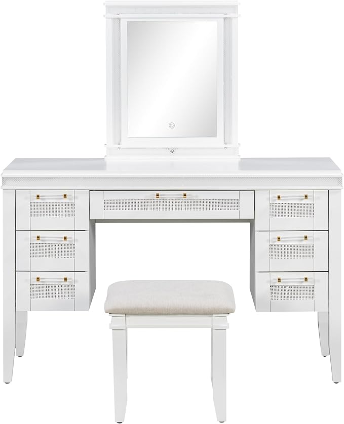 LUMISOL Makeup Vanity Desk with Mirror and Lights, 3 Lighting Modes, 48" Vanity Table with 7 Bamboo Weave Drawers, Dressing Table Set with Cushioned Stool, Light Beige
