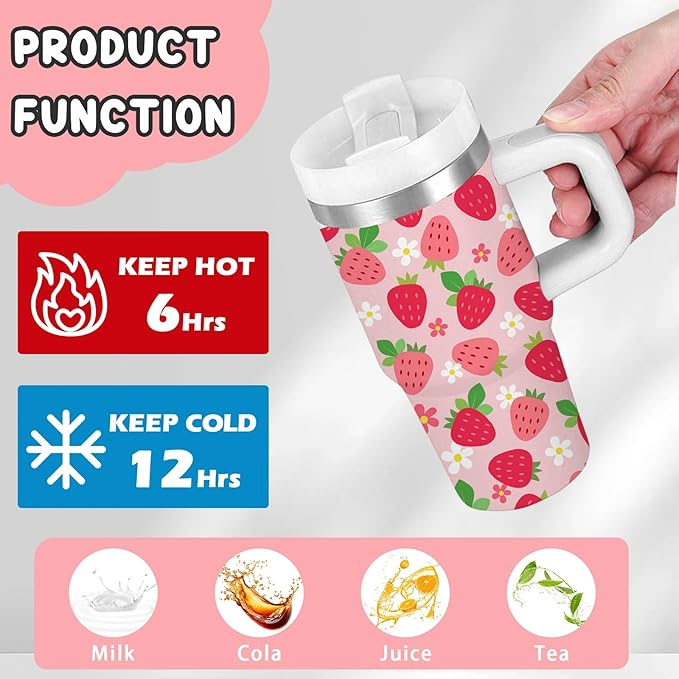 Strawberry Gifts for Girls - 14oz Pink Kids Strawberry Tumbler with Handle and Straw, Stainless Steel Insulated Water Cup, for School, Travel - Strawberries Themed Children Birthday Gift Cup(1pc)