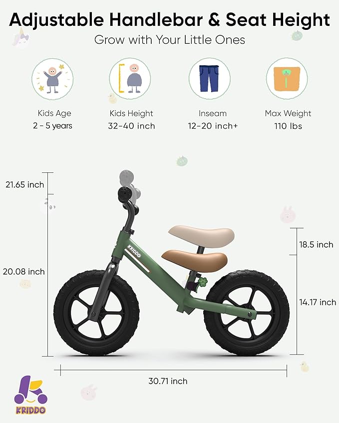 KRIDDO Toddler Balance Bike 2 Year Old, Kids Balance Bike for 2-5 Years Old, Dual Bearing for Smoother Riding, Adorable Plate, Adjustable Seat and Handlebar, Toddler Bike Gifts Age 2-3, Green