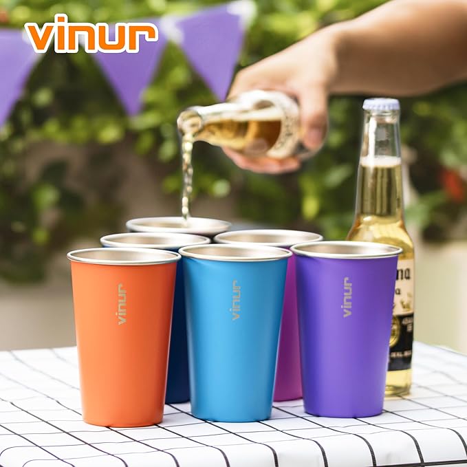 VINUR 16 oz Stainless Steel Cups 4 Pack Pint Tumbler Stackable Metal Drinking Glasses for Travel, Camping, Outdoors (Purple Pink-Sky Blue-Purple-Baby Blue)