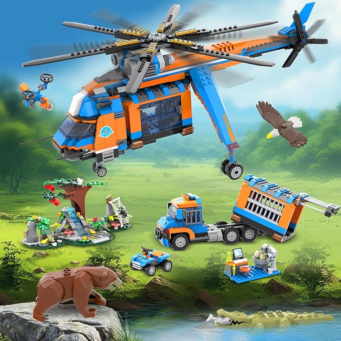 City Jungle Adventurer Helicopter Building Toys - 1356PCS Forest Truck Adventure Building Set with Car Crocodile Brown Bear Wildlife Rescue Blocks Playset Gift for Adults Kids Boys 6+ Years