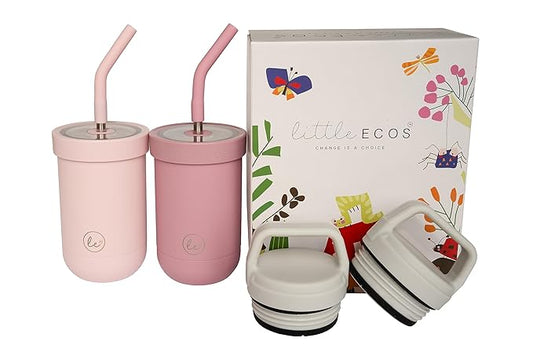 Double walled insulated Kids & toddler smoothie cups with screw tight lids and straws | Best Toddler sippy cup for 3 year old spill proof - Set of 2 cups for kids