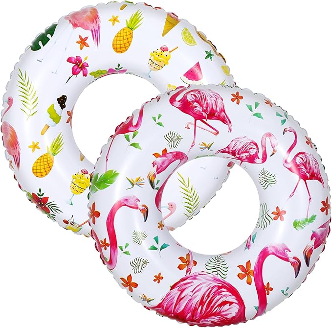 HeySplash Cartoon Swim Ring, Inflatable Durable Round Shaped Flamingo Summer Pool Beach Party Swimming Float Tube Water Fun Swim Pool Toys with Repair Patch for Adults,80cm Diameter, White+Pink/Yellow
