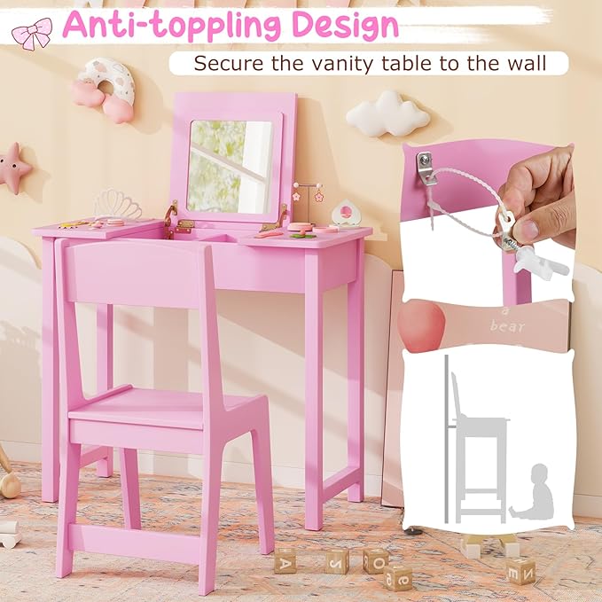 Costzon Kids Vanity, 2 in 1 Girls Vanity Set with Flip Top Mirror, Hidden Storage Space, Wooden Toddler Makeup Vanity Desk Dressing Table, Kids Vanity Table and Chair Set (Pink)