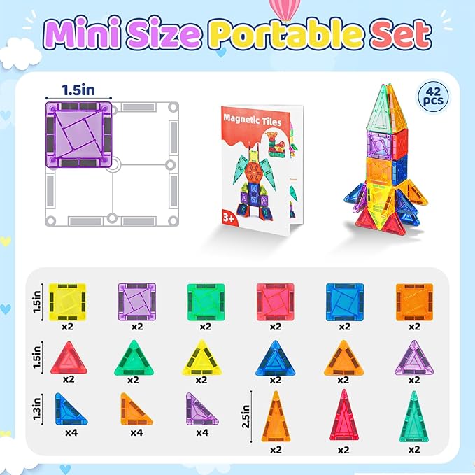 Mini Magnetic Tiles Toddler Travel Essentials Set, 42PCS Magnetic Building Blocks Montessori Educational Tiles Portable Sensory Toys for Aged 3+ Boys Girls Birthday Gift