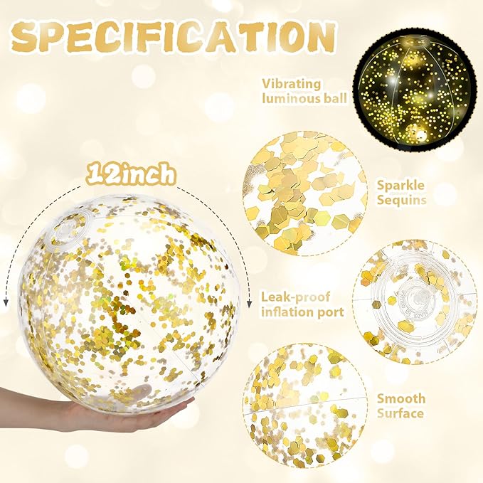 12 Pack 12 Inch Glow in The Dark LED Beach Ball Jumbo Confetti Glitters Inflatable Ball Swimming Pool for Party Pool Summer(Gold)