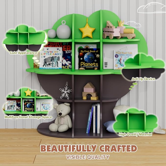Green Tree Kids Bookshelf Toddler Bookcase 4-Tier Baby Book Rack Children Toy Storage Organizer Forest Wood Display Shelf for Nursery Playroom Bedroom Classroom School Homeschooling Boy Girl’s Gift