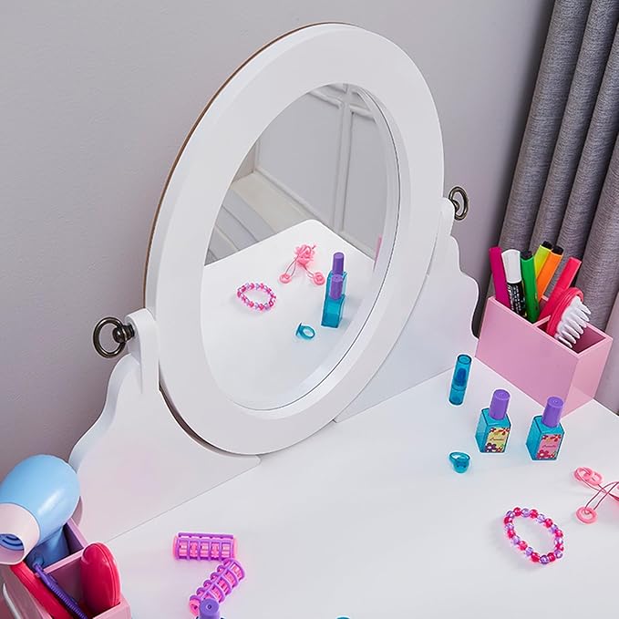 Wooden Vanity Set with 360° Swivel Mirror (Whiteboard & Mirror) & Stool, Kids Makeup Dresser Table with Anti-Tip Design, Storage Drawer for Ages 4-9 Girls, Ideal Gift for Birthday/Christmas