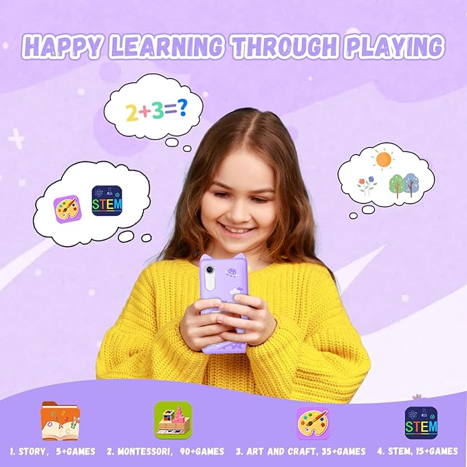 Toys Kids Smartphone, 3.97" Screen Dual Camera Kids Toys Phone with Music Player, 2000mA Toddler Toy Learning Phone with Games, Front Camera, Pretend Play Smartphone（Purple）