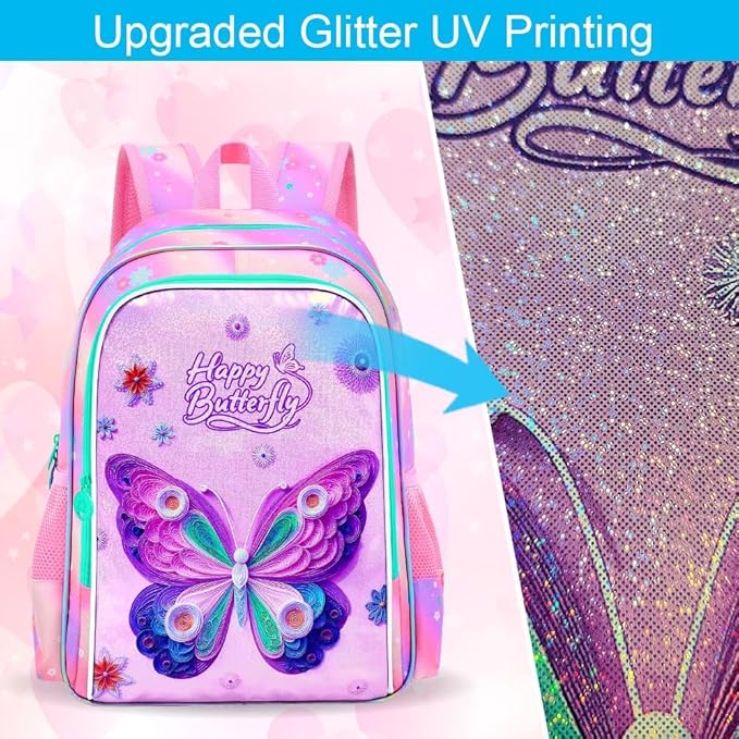 CCJPX 3Pcs Butterfly Backpack, 16” Kids Girls Bookbag with Lunch Box, Water Resistant Elementary School Bag for Kindergarten Preschool Toddler (Pink)