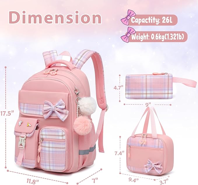 School Backpack for Girls Kids Bookbag for Elementary Middle School Casual Travel Daypack Teen Backpacks Pink Set