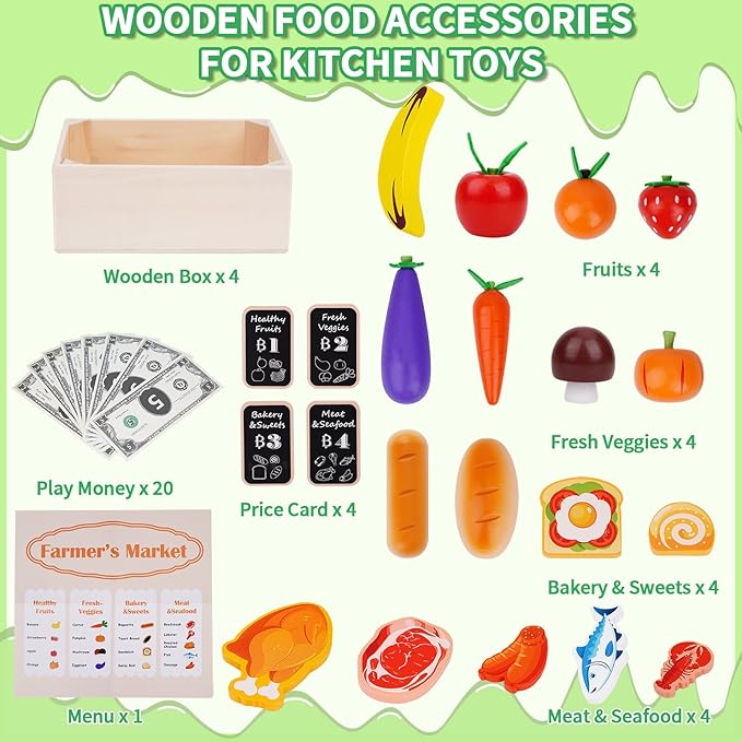 KMTJT Wooden Play Food for Toddlers 1-3 | 46 PCS Toy Food with Play Money for Pretend Play Kitchen Accessories | Wood Play Fake Food Sorting Toys for 12-18 Months Boys Girls | 1st Birthday Gifts