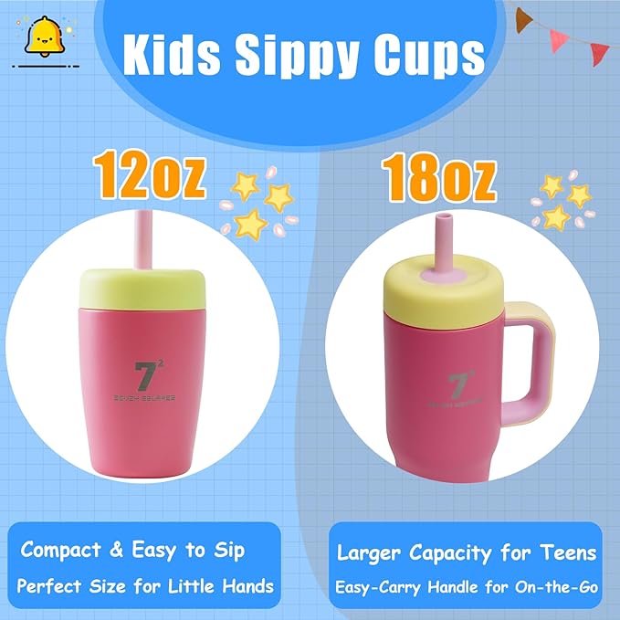 12oz Kids Tumbler Spill Resistant with Lid and Silicone Straw, Insulated Kids Sippy Cups Children Stainless Steel Water Bottle for Cold Drinks, Dishwasher Safe