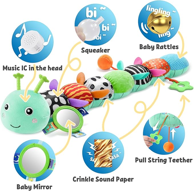 LIGHTDESIRE Baby Toys 6-12 Months Musical Caterpillar,Infant Toys Stuffed Animals with Ruler Design Mirror,Pull String,Crinkle&Rattles,Teething Toys for Tummy Time, Boy Girl Gifts 0-12 Months(Blue)