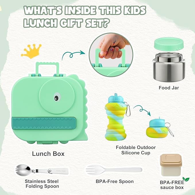 Dinosaur Lunch Box for Kids with Secret Compartment | 4 Compartments Bento Box + 12oz Insulated Food Jar | Leak-Proof Sauce Cup & Collapsible Spoon | BPA-Free, Dishwasher Safe(Green-01)