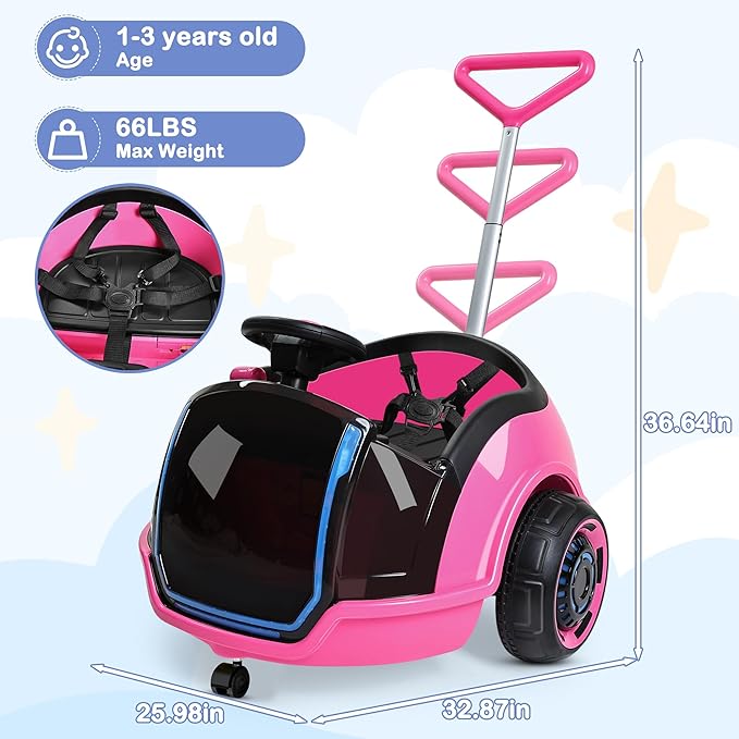 ANPABO 3-in-1 Electric Push Ride On Car, 12V Kids Ride On Toy w/Remote Control, 360° Spin, 5-Point Safety Belt, Colorful LED Light, Music Player, Push Car for Toddler Ages 1-3 (Pink)