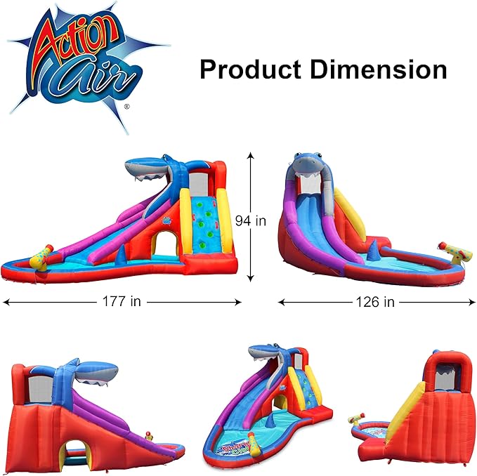 ACTION AIR Inflatable Water Slide, Red Shark Bounce House with Slide for Wet and Dry, Playground Sets for Kids Backyard, Water Spray, Water Pool, Durable Sewn with Extra Thick Material