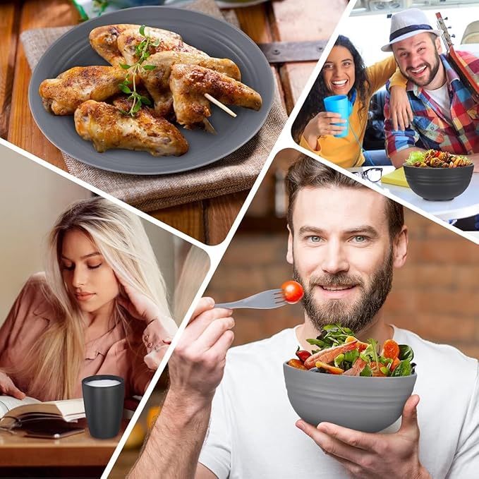 Wheat Straw Dinnerware Sets, Wheat Straw Plates and Bowls Sets for 4 Kitchen Dishes 28pcs College Dorm Room Essentials Cutlery Set Microwave Safe (Black)