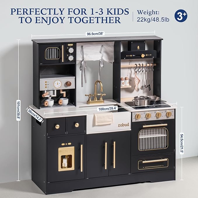ROBUD Wooden Play Kitchen Set for Kids and Toddlers with Coffee Machine, Ice Maker, Microwave, Oven, Large Cabinet, 12 Accessories, Gift for 3+, Black