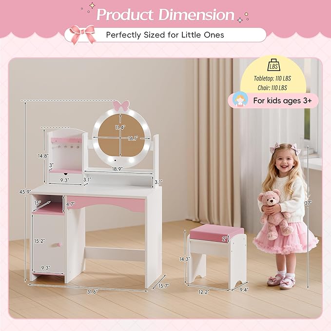 TOLEAD Kids Vanity, Girls Vanity Set with Mirror and Stool and Lights, Toddler Vanity Table and Chair Set with Jewelry Storage, Wooden Princess Makeup Desk Dressing Table for Little Girls (White)