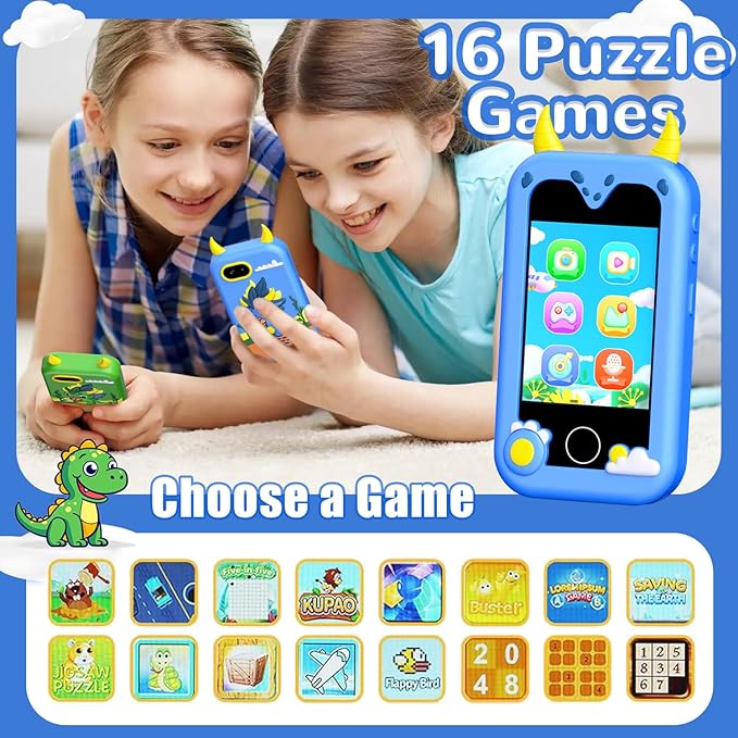 Kids Pretend Phone, Smart Phone Toys with Dual Camera - Christmas Birthday Gift for Boys Aged 3-12, Toddler Toys Play Phone with Music Player, Educational Learning Games with 32GB Memory Card, Blue