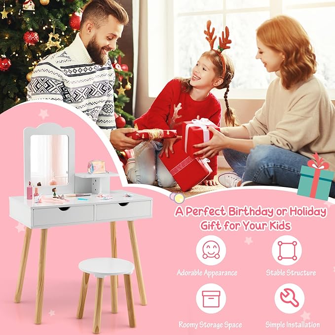 Costzon Kids Vanity Set, Girls Vanity Set with Mirror and Stool, 2 Large Drawers, Storage Shelf, Wooden Princess Makeup Dressing Table, Pretend Play Vanity Table and Chair Set for Toddlers, White
