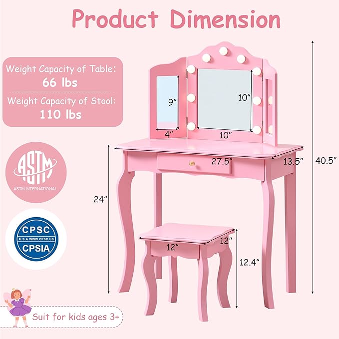 Kids Vanity with Lights, Princess Makeup Vanity Desk with Mirror and Stool, 2 in 1 Wooden Toddler Vanity Table & Chair Set for Little Girls