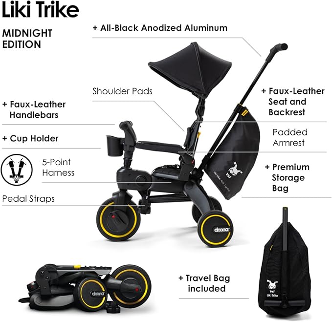 Doona Liki Trike, Midnight Edition - 5-in-1 Compact, Foldable Tricycle - Suitable for Toddlers 10 to 36 Months