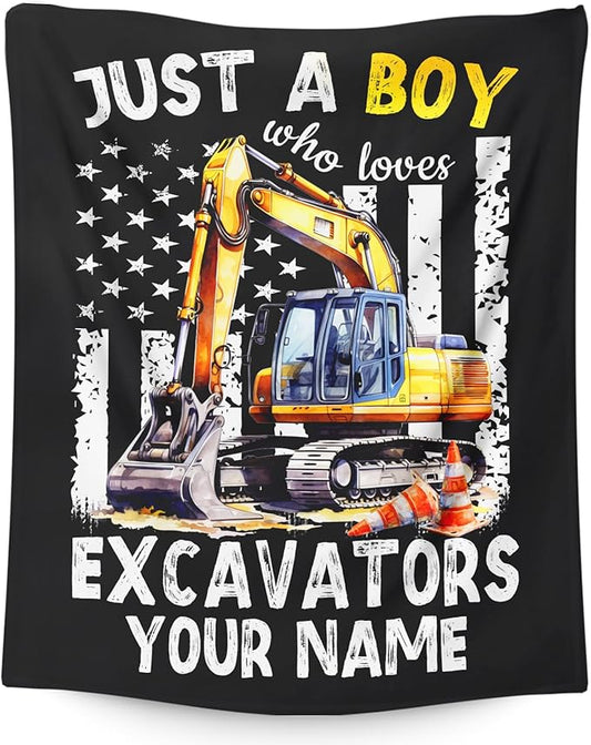 Personalized Excavator Blanket Gifts for Boys, Cute Car Throw Blanket for Kids Teens Construction Truck Lovers, Custom 50x60 Inches Black Soft Blankets for Sofa Couch Bed