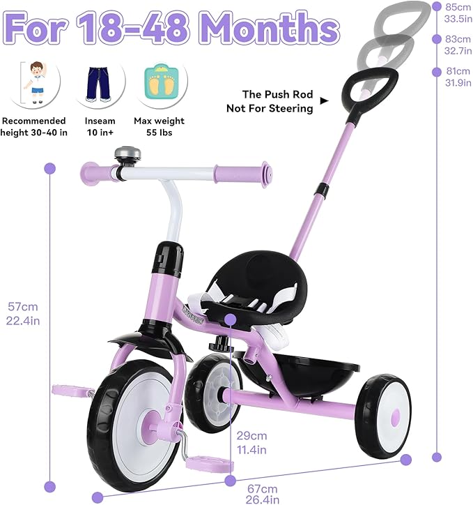 Liberry 2 in 1 Toddler Tricycle Age 2 3 4 Years Old, Kids Trike with Adjustable Push Handle, Bell & Basket, 3 Wheel Bike Riding Toy Birthday for Girls Boys, Purple
