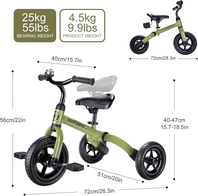 YGJT 3 in 1 Tricycle for Toddlers Age 2-5 Years Old, Folding Kids Balance Bike with Adjustable Seat and Removable Pedal, Toddler Bike Ride-on Toys for Infant, Gifts for Baby Boys Girls(Army Green)