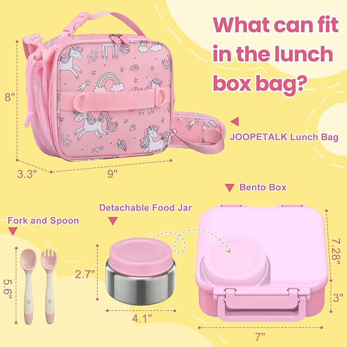 Bento Lunch Box Set for Kids with 9oz Soup Thermo, Insulated Lunch Bag,Leak-proof BPA-free Lunch Food Container with 3-4 Conpartments for School Travel-Pink