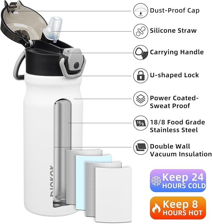 BJPKPK Water Bottle With Straw 18oz Insulated Water Bottles Reusable Stainless Steel Metal Thermo With Leak Proof Lockable Lid And Carry Handle,White