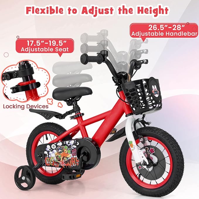 BABY JOY Rabbit Pilot Sporty Kids Bike, 12 14 16 18 Inch Child Bike for 3-8 Years Old with Adjustable Height, Training Wheels, Storage Basket, Handbrake & Coaster Brake, Kids Bicycle for Girls Boys