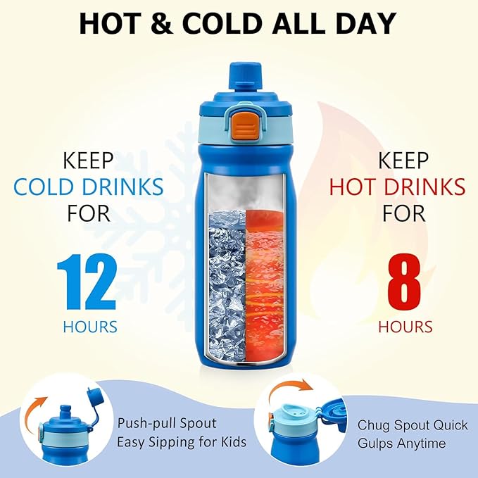 Bento Lunch Box for Kids with Thermos, Leakproof Bento Box with 8oz Insulated Food Jar, Insulated Bottle, Lunch Bag, BPA Free Dishwasher Safe 4 Compartment Container for School Girls Boys (Blue)