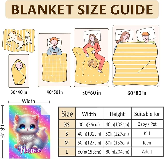 Girls Blanket Personalized Cat Stuff Throws Gifts for Kids Teens Age 8-12, 50x60 Inches Custom Comfy Soft Cozy Throw for Couch Bedroom Outdoors Home Decorations